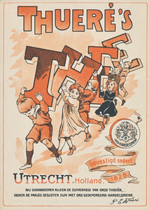 711489 Reclamekaart met op de achterzijde een prijscourant van P.E. Thueré, Theehandel, [Lijnmarkt No. 68] te Utrecht.